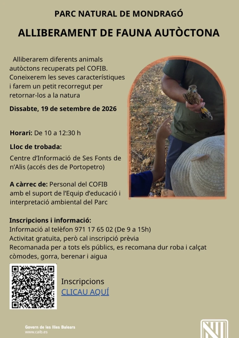 Liberación de Fauna Autóctona en el Parque Natural de Mondragó, Sábado 19 de Septiembre de las 10.00 h a las 12.30 h en el Parque Natural de Mondragó